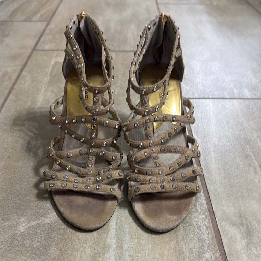 Michael Kors Tan Heeled Sandals with rhinestones